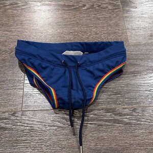 2(X)IST Men’s Swim Brief – Size Small – Navy with Rainbow Trim